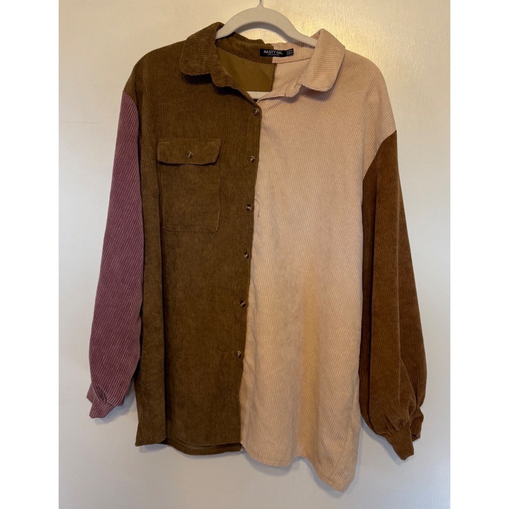 Nasty Gal Collection Colorblock Corduroy Shirt Brown Tan Purple Size 10